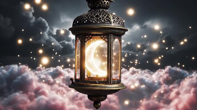 Ornate Islamic lantern with crescent moon illumination hanging in a mystical cloudy sky with glowing