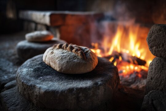 Freshly baked bread rests on a stone near an open fire in a rustic setting