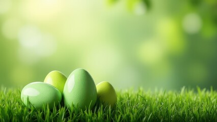Fototapeta premium green easter eggs arranged on fresh grass background spring festive composition with natural texture and soft light concept of advertising branding retail