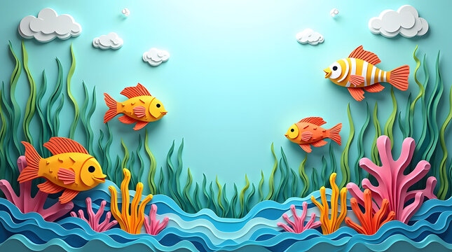 Colorful paper-crafted fish swim among vibrant coral and seaweed in a whimsical underwater scene.