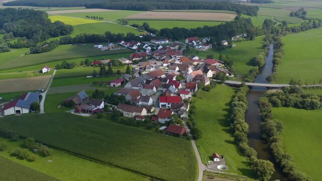 Panoramic aerial view around the village Zell in south in Germany on a sunny day in summer.