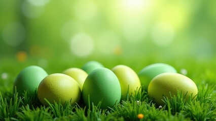Fototapeta premium green easter eggs arranged on fresh grass background spring festive composition with natural texture and soft light concept of advertising branding retail