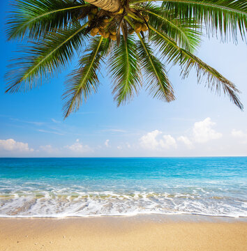 Green leaves of  Palm tree and tropical beach
