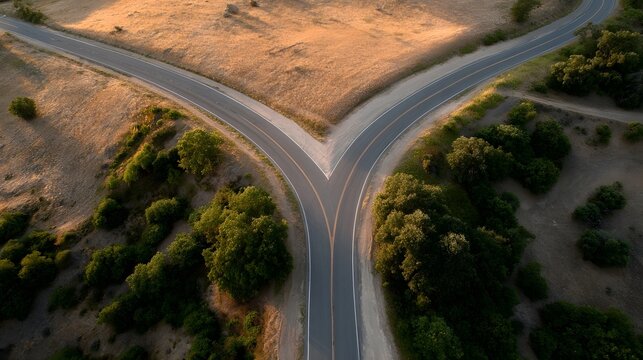 A scenic road forks into two distinct paths symbolizing a choice or journey from an aerial perspective during golden hour