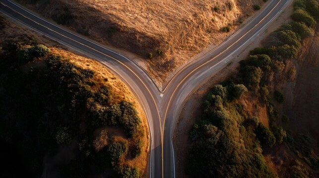 Aerial view of a road forking into two paths during golden hour in a natural landscape