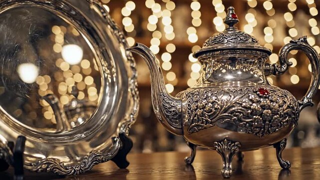 Ornate Silver Teapot and Decorative Plate Displayed on Wooden with Soft Bokeh Lights