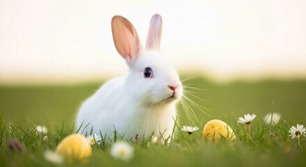 Fototapeta premium White rabbit sitting on grass among colorful Easter eggs 