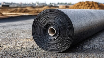 Black geotextile fabric roll for soil stabilization and drainage at a construction site