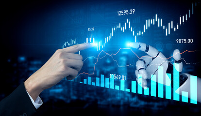 A human hand interacts with a robotic hand against a backdrop of financial data visualization,...