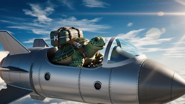 Cartoon turtle pilot flying a jet plane against a bright sunny sky