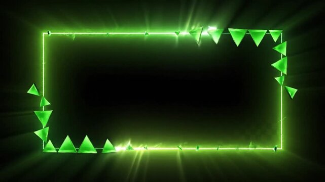 Abstract green neon frame with triangles and glowing light effects