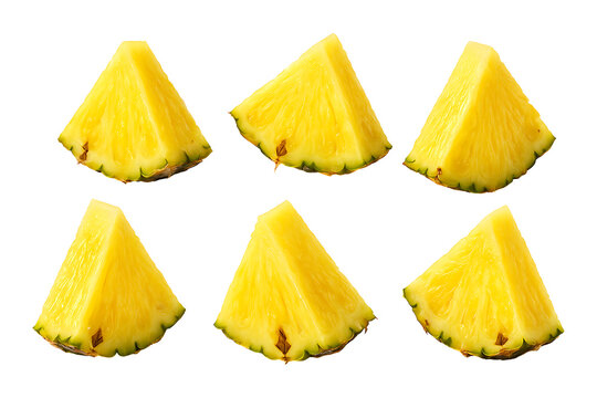 Six juicy pineapple slices arranged in a pattern on transparent background