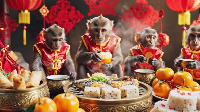 Monkeys in traditional clothes celebrating Lunar New Year with festive food
