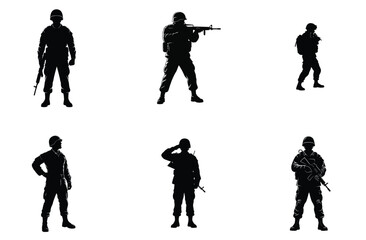Obraz premium Soldier Silhouettes in Various Poses Vector Illustration