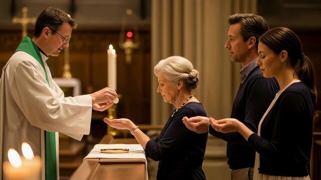 Priest giving communion to a multi-generational family, an elderly woman, man, and young woman receiving sacrament during a Christian church service.