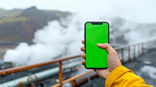 Hand Holding Black Smartphone With Green Screen Chroma Key In Front Of Industrial Steam Vents On Overcast Day