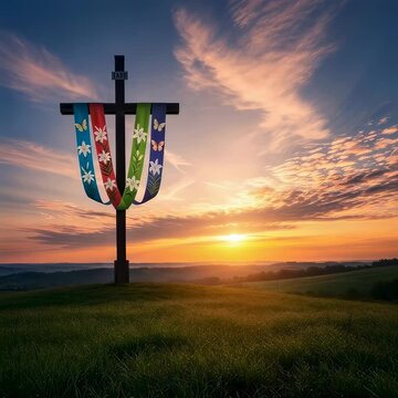 Easter cross with changing religious banners in a field at sunset, symbolizing resurrection and spiritual renewal