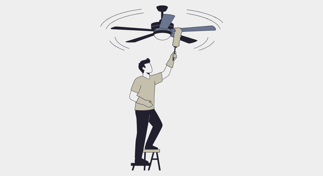 Man Cleaning Ceiling Fan With Duster On A Stool