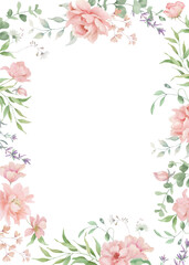 Obraz premium Watercolor Peony Floral Frame with Blush Flowers and Greenery. Hand drawn illustration.. Vector EPS/