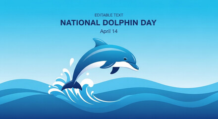 Fototapeta premium Dolphin jumping out of ocean waves on national dolphin day april 14th with editable text