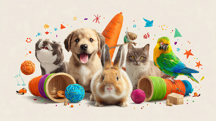 Obraz premium Happy pets group portrait with golden retriever puppy and gray kitten