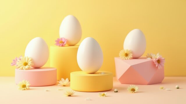 decorated easter eggs displayed on colorful geometric pedestals with small flowers pastel yellow and pink studio background modern editorial still life