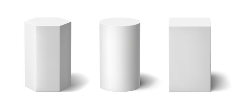 White 3D podium set of cylinder, hexagon and rectangle platforms. Realistic display stands for product presentation, museum exhibits or winner ceremonies. Showroom or studio presentation mockup.