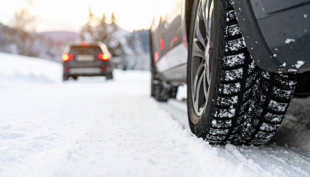 A close-up of a tire in snow, showcasing winter driving conditions on a snowy road with blurred car in the background