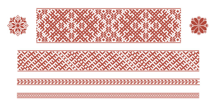 Set of three seamless Latvian folk ornaments in flat style. Traditional ethnic symbols. Decorative repeating patterns in dark red color for textile, branding and packaging design
