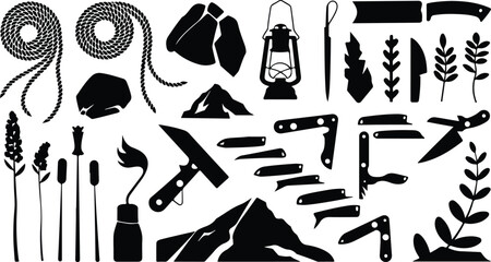 Set of 30 Black and White Camping and Hiking Icons Vector © logodesign11