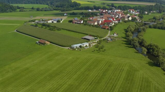 Panoramic aerial view around the village Zell in south in Germany on a sunny day in summer.