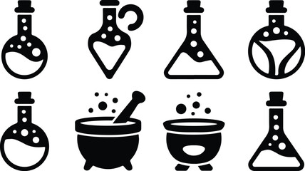 Naklejka premium Set of 8 Black and White Potion Bottle and Cauldron Icons Vector