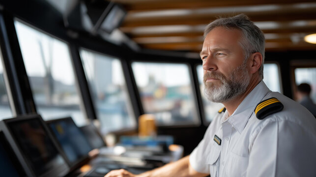 Ship captain navigating a large cargo vessel through a narrow harbor channel in challenging weather, perfect for maritime career, vessel command profession, sea navigation job, modern transport,