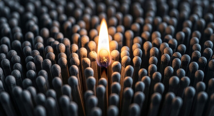 Obraz premium Single lit matchstick standing out among unlit matches symbolizing hope and individuality in darkness