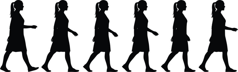Black silhouette sequence of a young woman walking forward step by step isolated on a white background illustration.