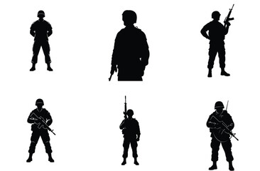 Obraz premium Soldier Silhouettes in Various Poses with Weapons Vector Illustration