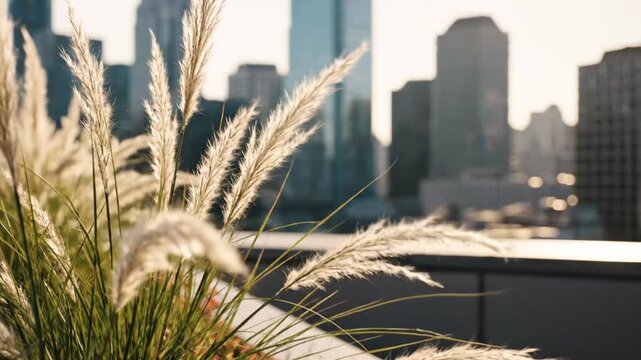 Warm sunlight on ornamental grass overlooking modern city buildings