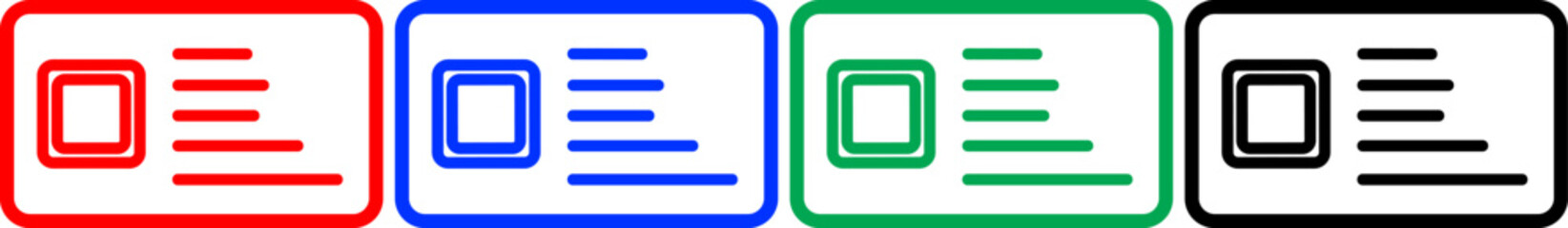 Obraz premium Four identification cards in red blue green and black colors isolated on white background