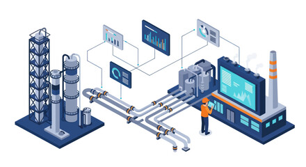 Obraz premium Isometric Smart Factory with Automated Production and Data Monitoring.