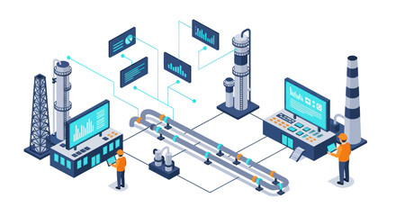 Obraz premium Isometric Smart Factory with Automated Production Line and Human Operators.