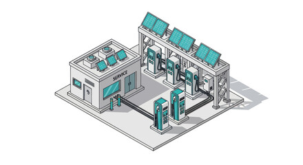 Obraz premium Isometric View of Modern Electric Vehicle Charging Station with Solar Panels.