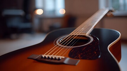 Fototapeta premium Close up of an acoustic guitar with warm lighting and a softly blurred background highlighting its intricate details and warm tones