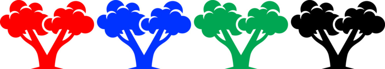 Obraz premium Set of four colorful trees red blue green and black silhouettes on transparent background