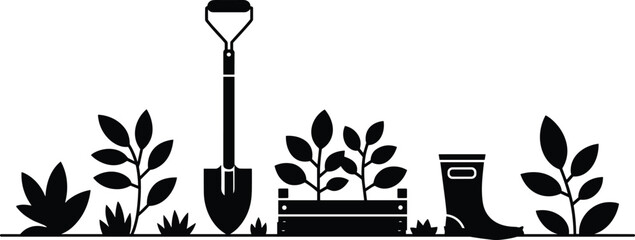 Gardening tools silhouette illustration, shovel planter box rubber boots, home garden planting concept, spring farming vector, eco lifestyle design, graphic © Miss