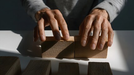 Close up of hands arranging wooden blocks symbolizing strategy and development