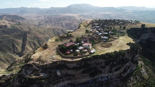Aerial drone shot of Debre Damo Monastery on a flat-topped mountain, Tigray.