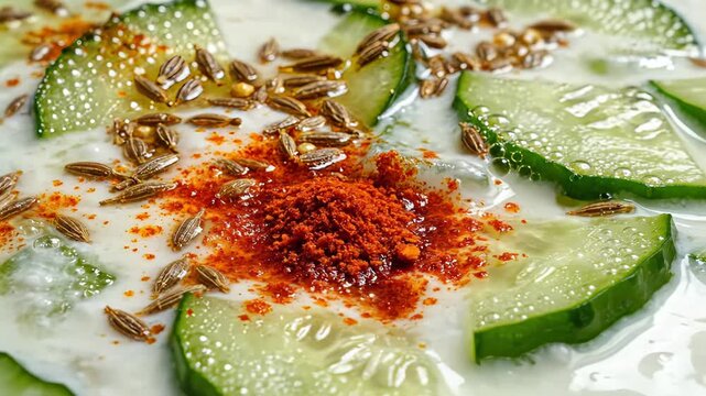 Close Up Of A Refreshing Cucumber Raita Dish With Cumin Seeds And Red Chili Powder Sprinkled On Top In Natural Lighting