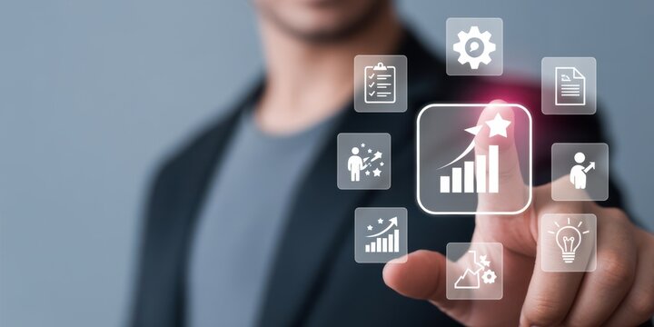 Digital Transformation: A person's finger hovers over a glowing digital interface, with icons suggesting business process automation, showing a seamless blend of technology and innovation.