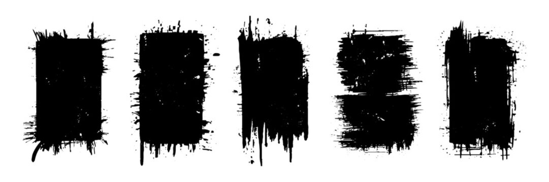Grunge graffiti stencil frames with spray paint borders. Black vector rectangles and squares. Black airbrushing paint banner, stenciling backdrop and spray paint texture borders. 