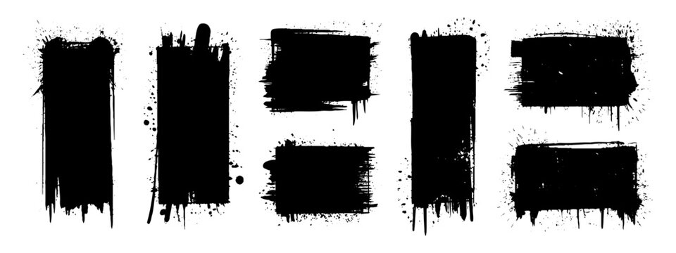 Grunge graffiti stencil frames with spray paint borders. Black vector rectangles and squares. Black airbrushing paint banner, stenciling backdrop and spray paint texture borders. 